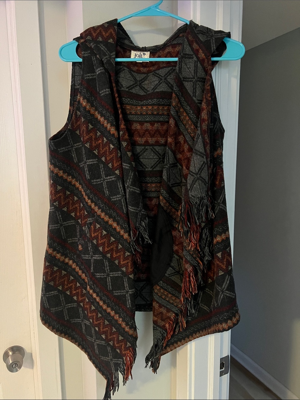 Boho Fringe Hooded Knit Vest - Black with Rust & Gray Pattern